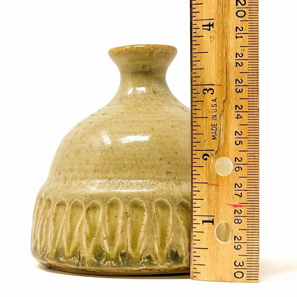 Studio Pottery Vase Oatmeal Glaze Carved Bud Vase Mid Century Modern Style